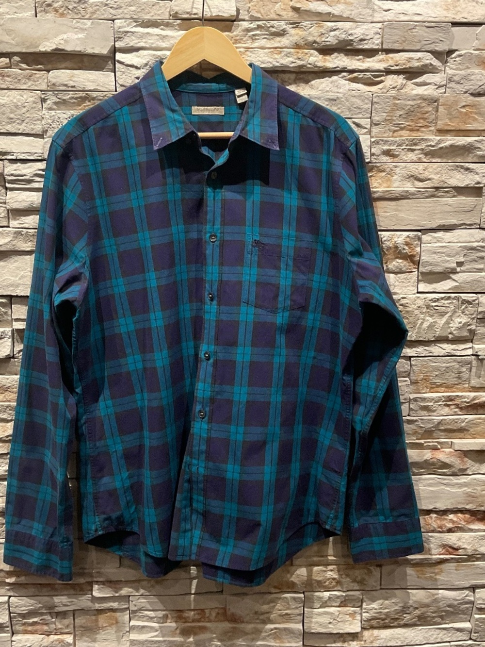 Burberry Brit Men’s Cotton  Button Down, Green/ Blue Plaid  Shirt, Size XL